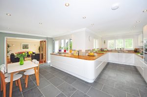 grey floors white island home interior